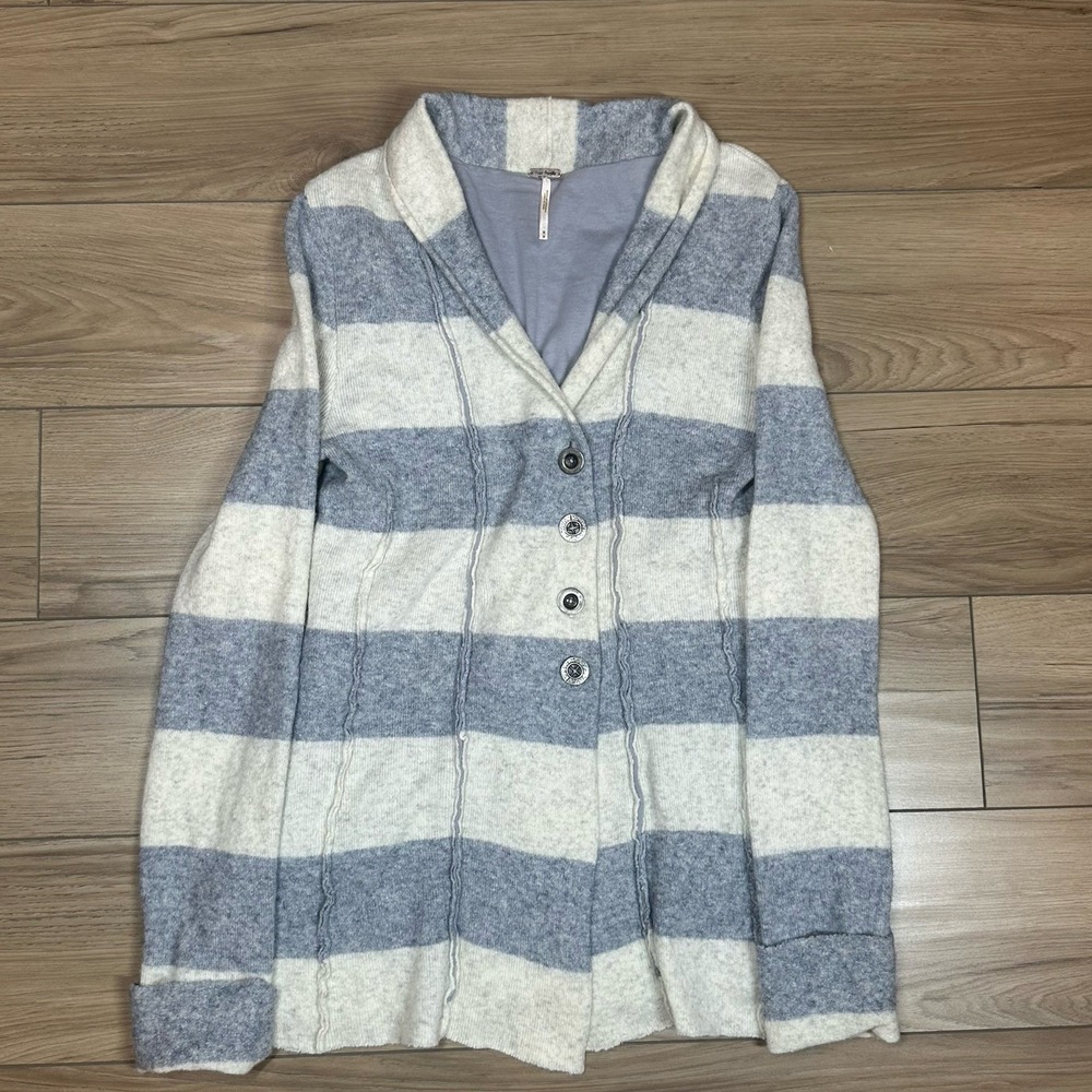 Free People sweater woman M Wool Angora Blend Gray Ivory Striped Button Cardigan